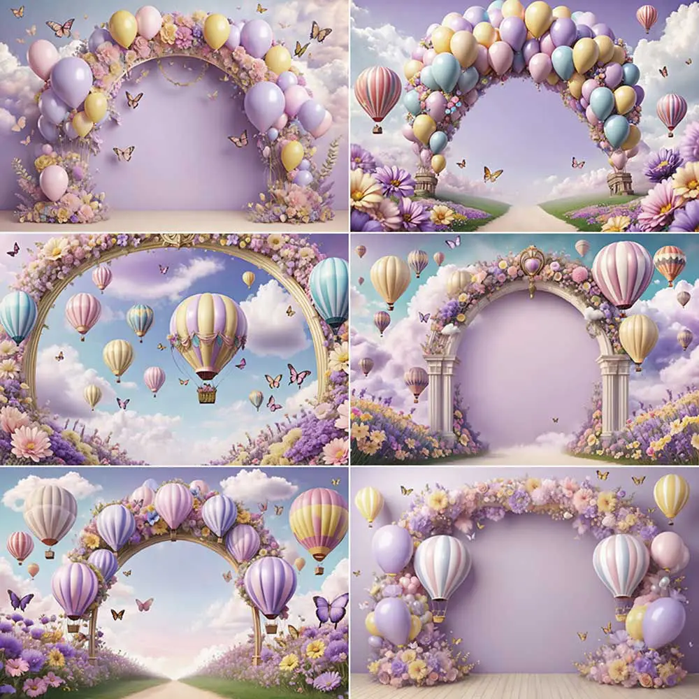 MOON.QG Hot Air Balloon Birthday Photo Studio Background Floral Flower Arch Backdrop for Photography Children Shooting Back Drop