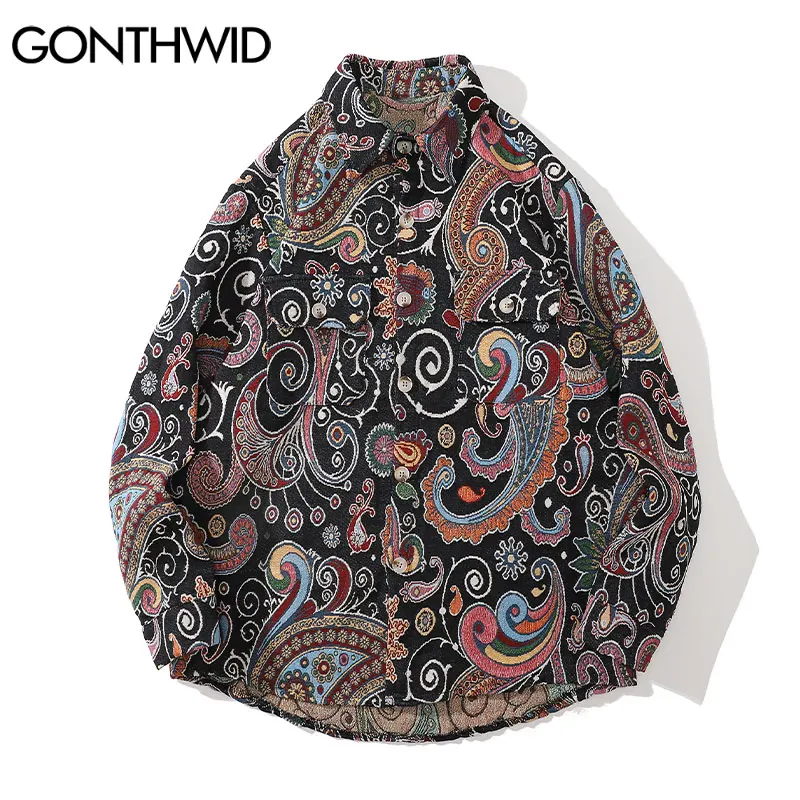 GONTHWID Harajuku Streetwear Shirts Coats Graffiti Bandana Paisley Pattern Pockets Shirt Hip Hop Fashion Long Sleeve Button Tops