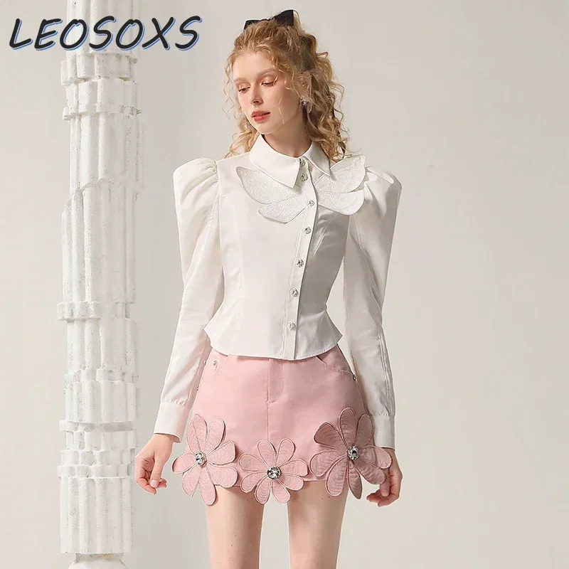 LEOSOXS Niche Design White Shirt 2024 Early Autumn New Retro Lamb Leg Sleeve Sweet Three-dimensional Butterfly Slim Blouse Top