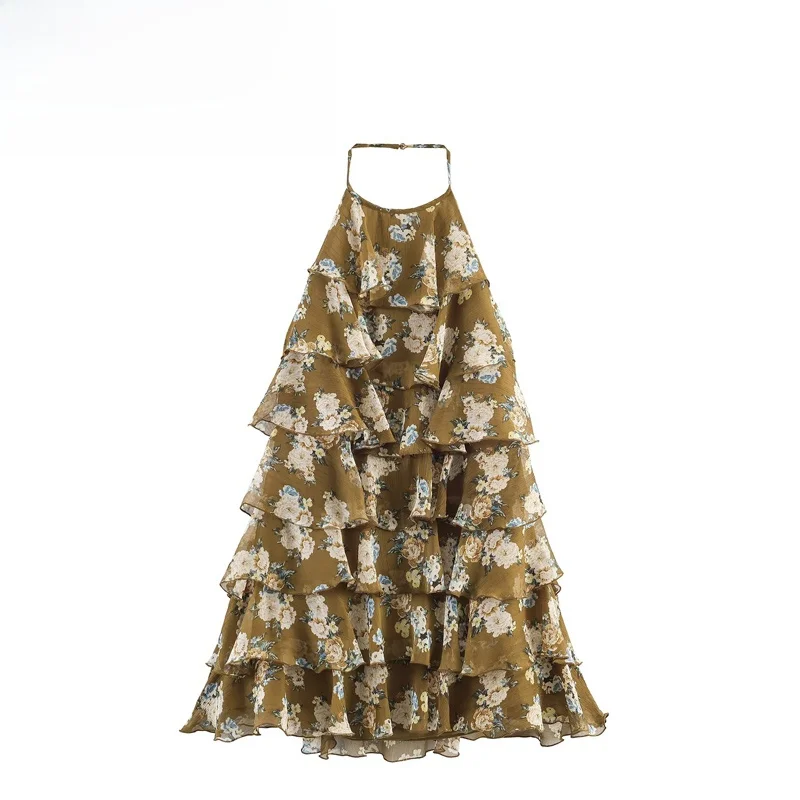 Fashionable Layered Decorated Floral Dress High Waist Cake Skirt Style Off-Shoulder Sleeveless Loose Fit Casual Dress