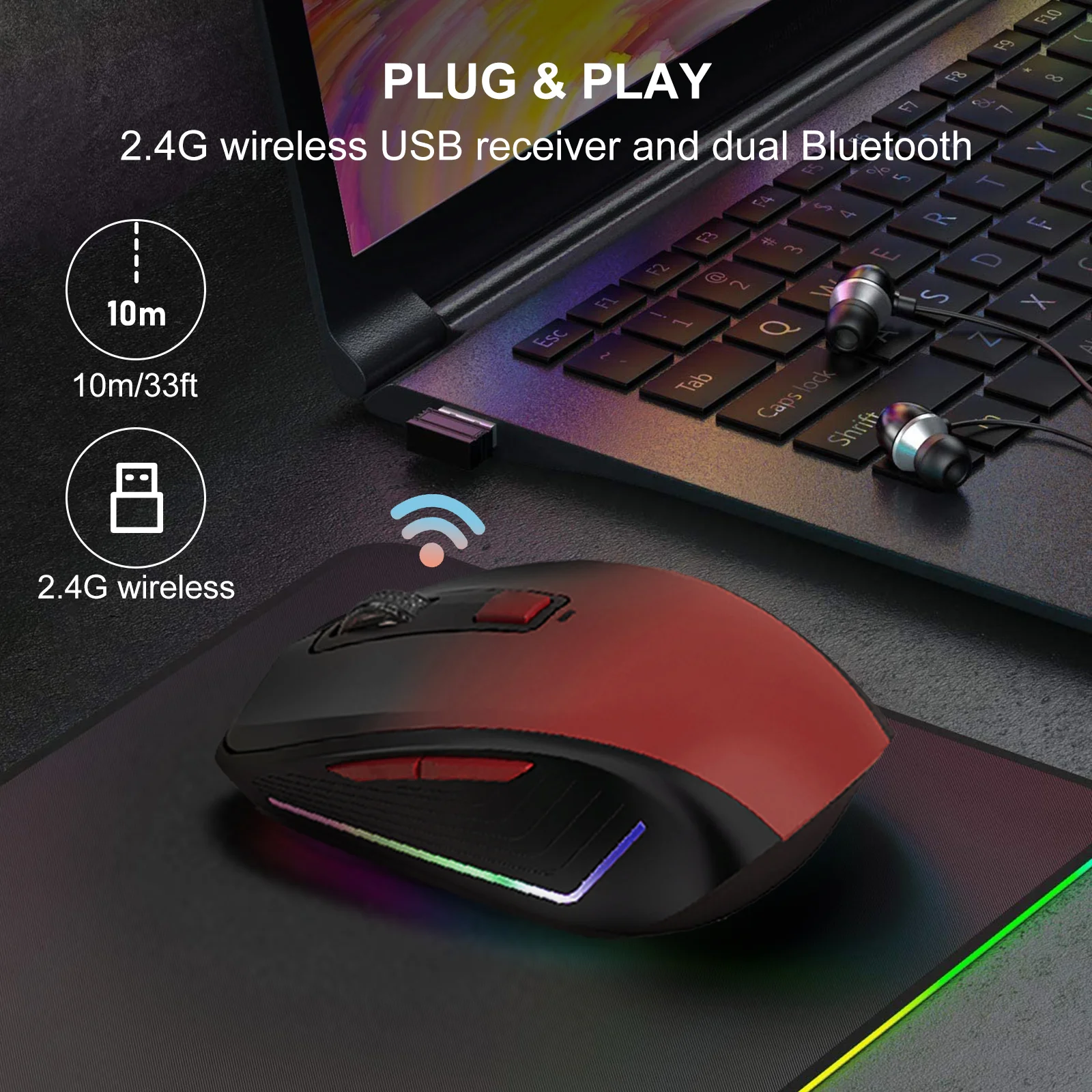 Wireless Mouse  with Silent Optical USB 2.4G/BT5.1 Computer Mouse Backlight Rechargeable High Precision TopQuality for Home Off