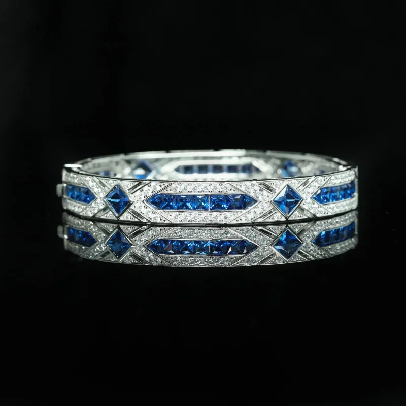 Bracciale placcato in argento 925 con diamanti ad alto tenore di carbonio Royal BlueArtdecoArte decorativa Bracciale antico occidentale