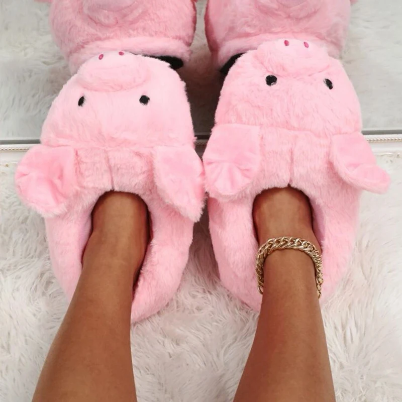 Cute Cartoon Pig Winter Warm Shoes Women Heel Cover Home Floor Slippers Soft Fur Indoor Fluffy House Bedroom Slides For Girls