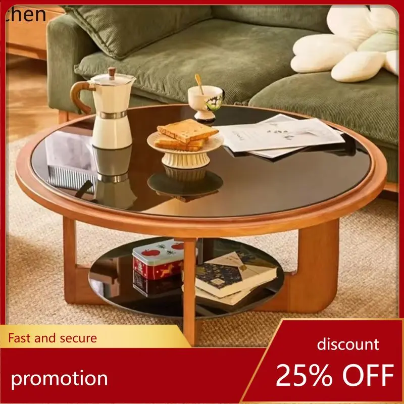 

HT solid wood round retro coffee table simple modern tea table glass tea table
