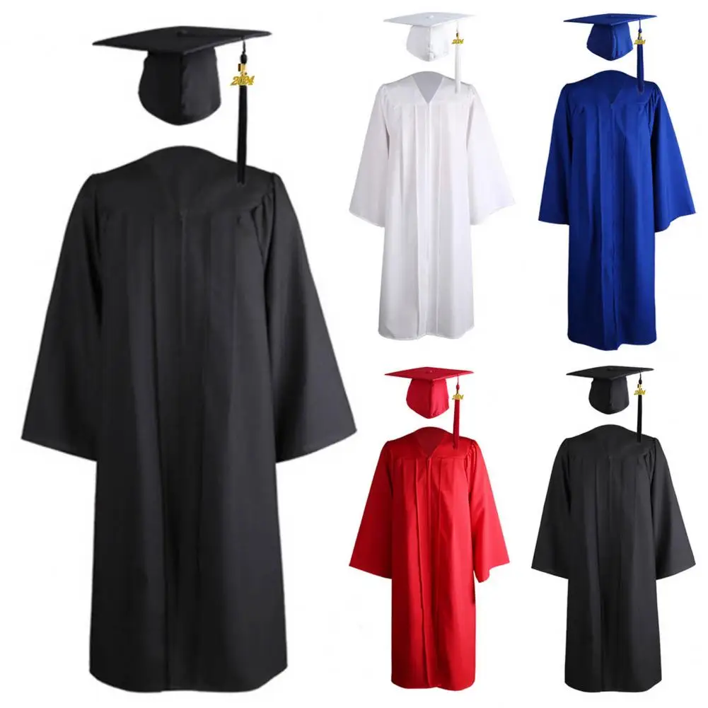 Academic Costume Graduation Gown Hat Tassel Zipper V Neck Loose Solid Color 2023 High School Bachelor Academic Dress Student Sup