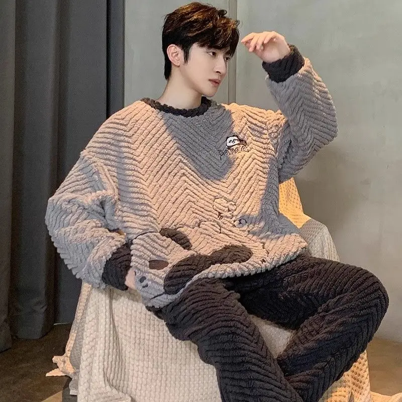 Winter Pijama Sets for Men 2 Piece Set Adult Korean Loose Cartoon Panda Sleepwear Round Neck Pyjama Male Thicken Soft Pijamas