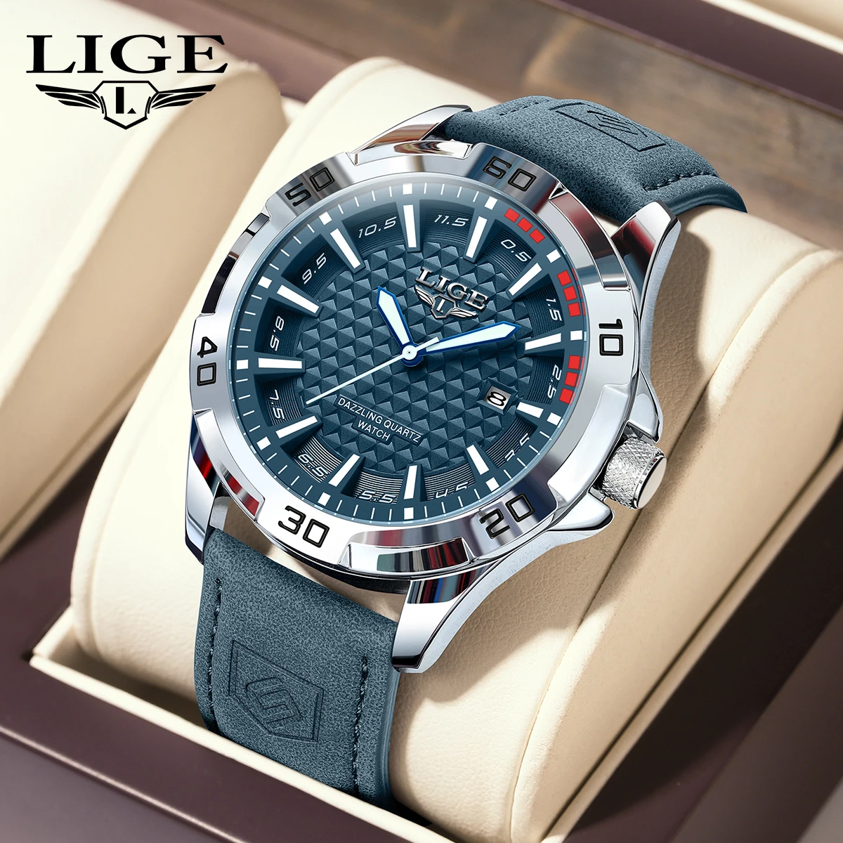 LIGE Outdoor Casual Herrenuhr Mode Sport Militär 3D Strukturiertes Zifferblatt Wasserdicht Leuchtend Automatisches Datum Leder Quarzuhren für Männer