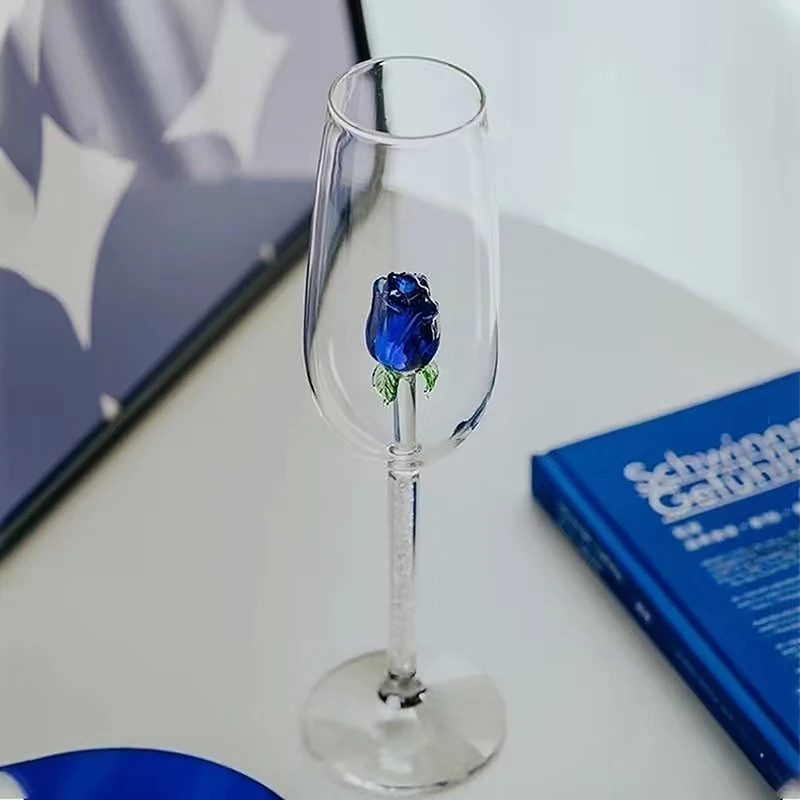 

3D Blue Rose Build-In Glass Cup Creative Wine Stemware Goblets Champagne Flute Household Lovely Valentine's Day Gift Drinkware