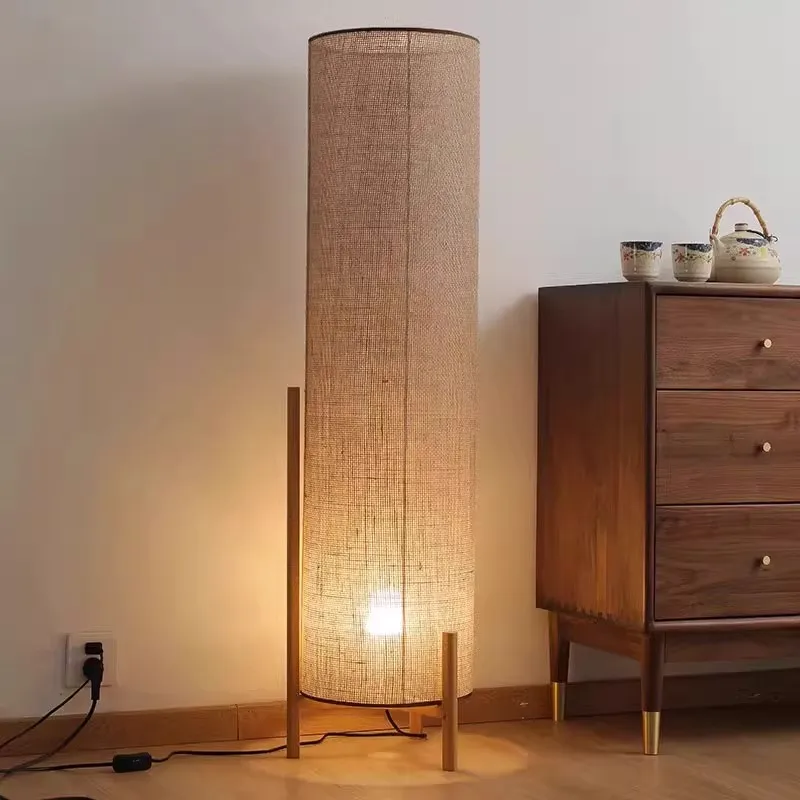 Japanese Retro Solid Wood Floor Lamp Wabi Sabi Style Living Room Corner Lamp For Bedroom Bedside Vintage Linen Standing Light