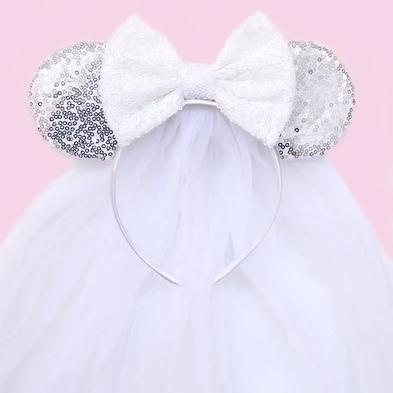 

New White Day Mouse Ears Hairband With Veil Sequins 5"Bow Headwear For Women Festival Hairband Single Party DIY Hair Accessories