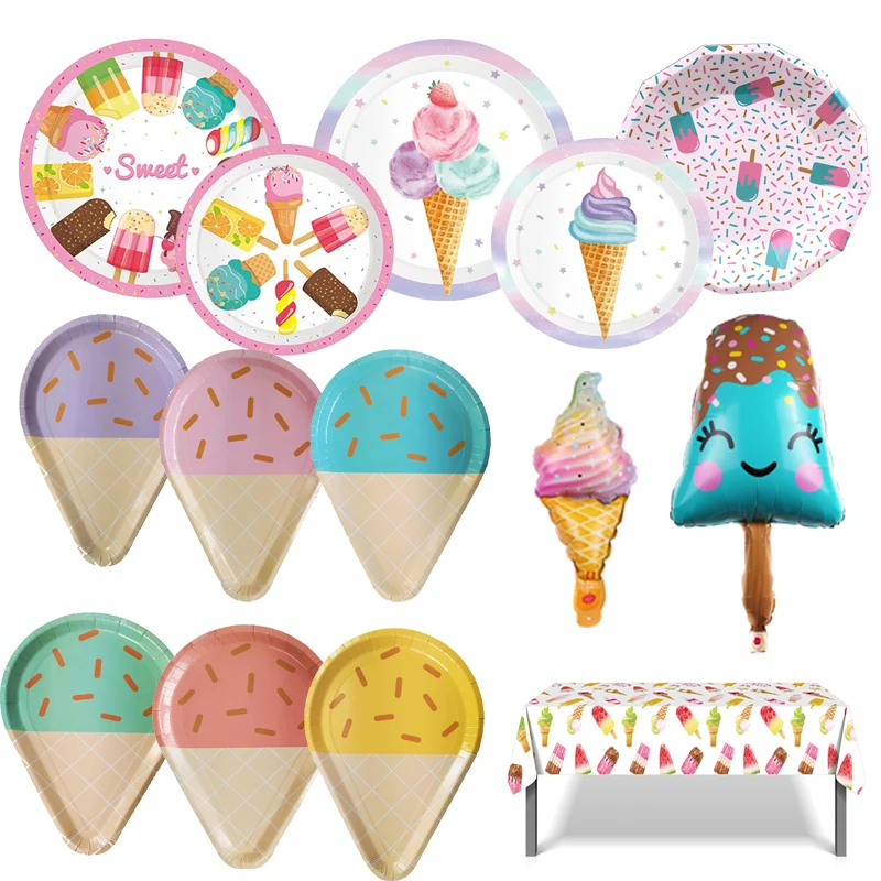 Ice Cream Birthday Party Decoration Kids Toy Baby Shower Disposable Tableware Paper Plates Cups Balloons Flag Party Supplies