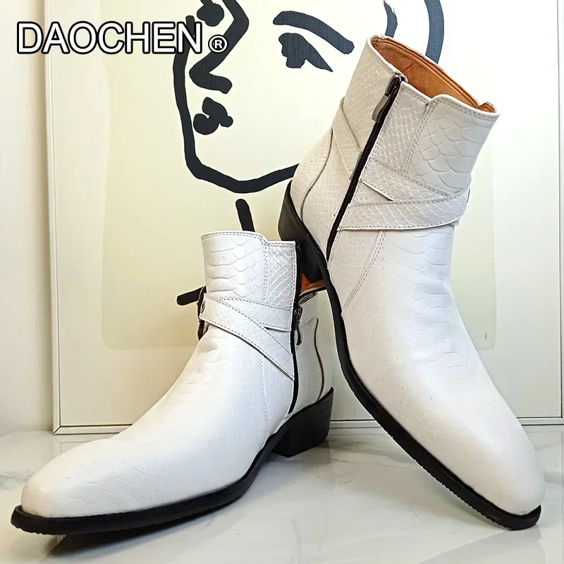 LUXURY BRAND MEN'S ANKLE BOOTS GENUINE LEATHER DOUBLE BUCKLE STRAP CASUAL DRESS SHOES BLACK WHITE SNAKE PRINT BOOTS MEN