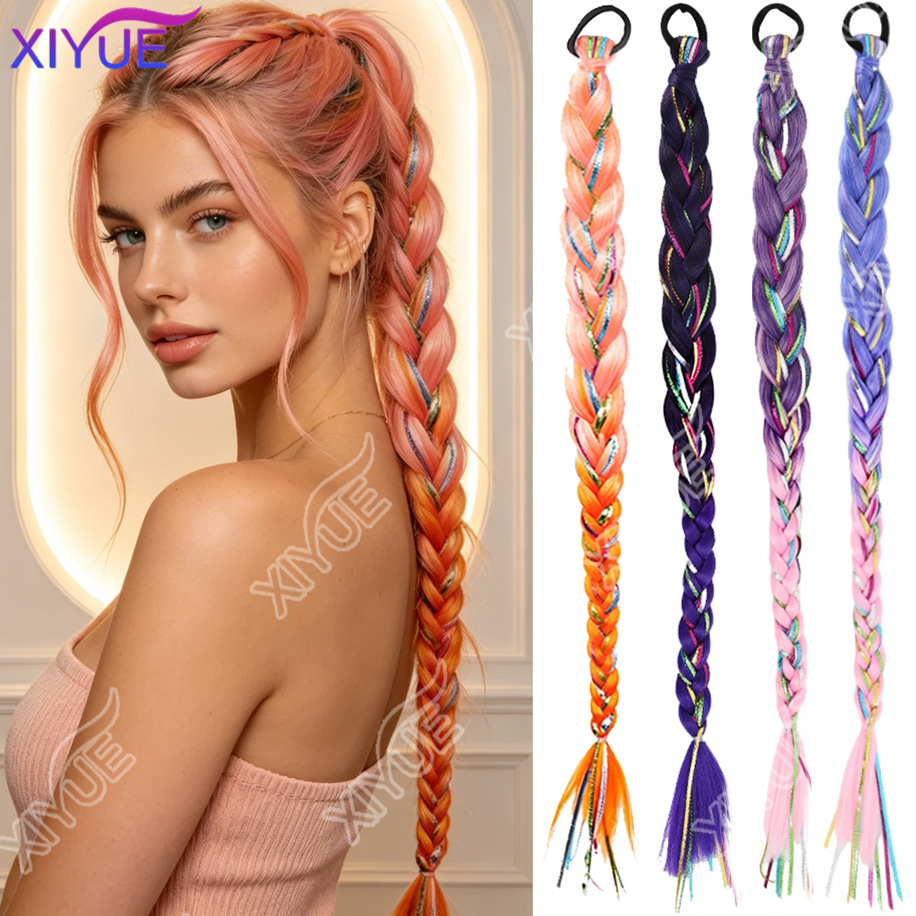 

XIYUE Synthetic Braided Ponytail Exytensions 22inch colorful Braid Long Braided with Elastic Rubber Band for Women Daily/Party