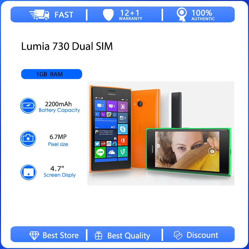 Refurbished Original Lumia 730 Dual SIM Unlocked GSM 900/1800 Mobile Phone Russian Arabic Hebrew Keyboard Made in Finland