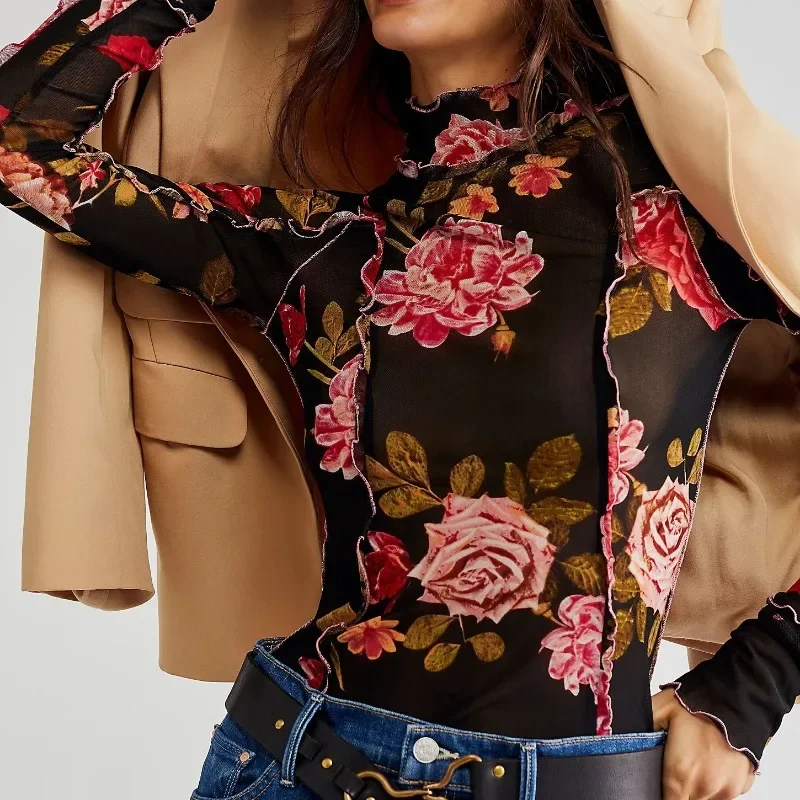 

Printed Flower Slim T-shirt Women Chic Fungus Edge High Collar 2024 Spring Skinny T-shirts Female Long Sleeve Fashion Tops YDL18