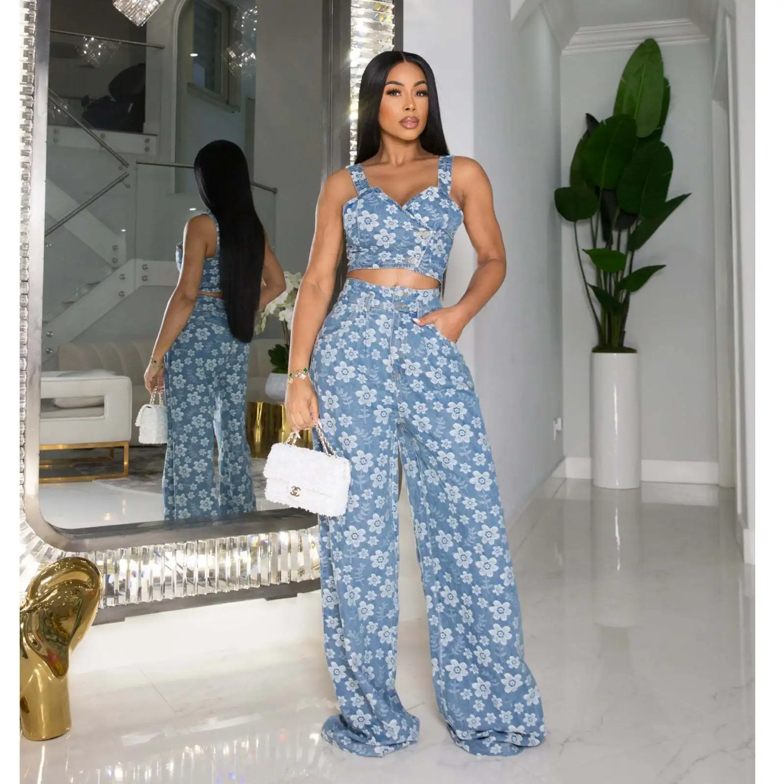 

Women Denim Sets Fashion Floral Print Denim Sleeveless Button Crop Top And Wide Leg Pants Set Women Casual Two Piece Denim Sets