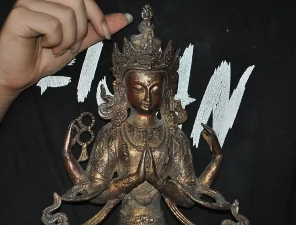 12'' Tibetan Buddhism bronze Gilt 4 Arms Chenrezig Tara Kwan-Yin GuanYin statue