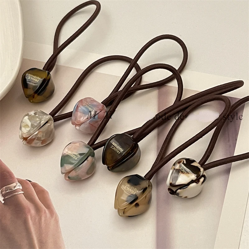 1pc Fashion Tortoiseshell Tulip Flower Hair Rope Women Girl Retro Geometric Marble Ponytail Holders Elastic Hair Bands