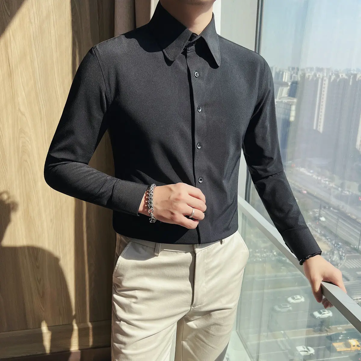 

High Quality Shirt Men's Long Sleeved Pointed Collar Business Lapel Formal Dress Shirts Slim Social Casual Uniform Work Shirt
