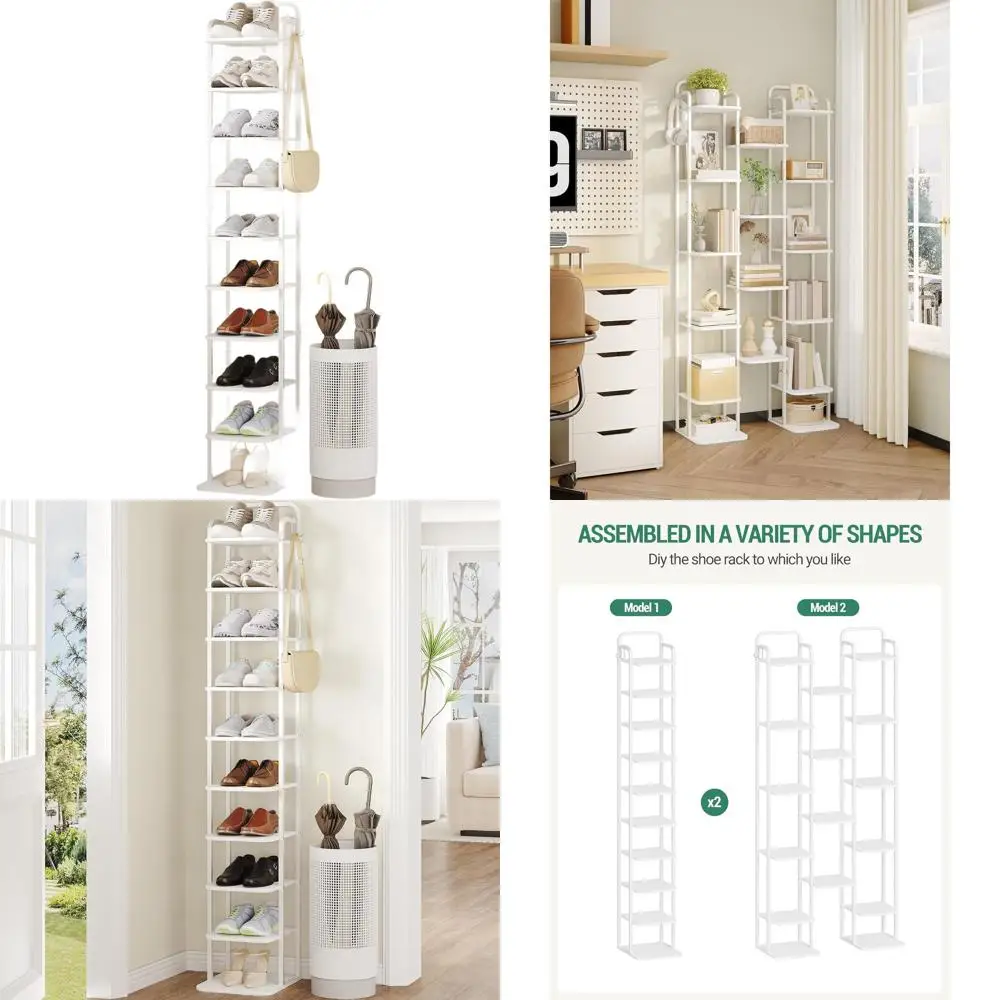 

10-Tier Vertical Shoe Rack, Slim Shoe Storage Tower, Tall Shoe Shelf with Hooks, Adjustable Shelves, Corner Shoe Rack for Compac