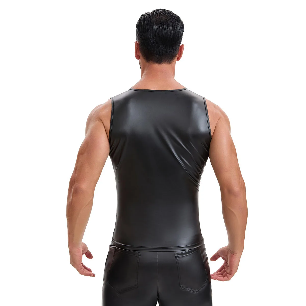 Plus Size Men's Sleeveless PU Leather Patchwork Tank Top Faux Leather Nightclub Dance Vest Male Undershirt Stage Clubwear S-7XL