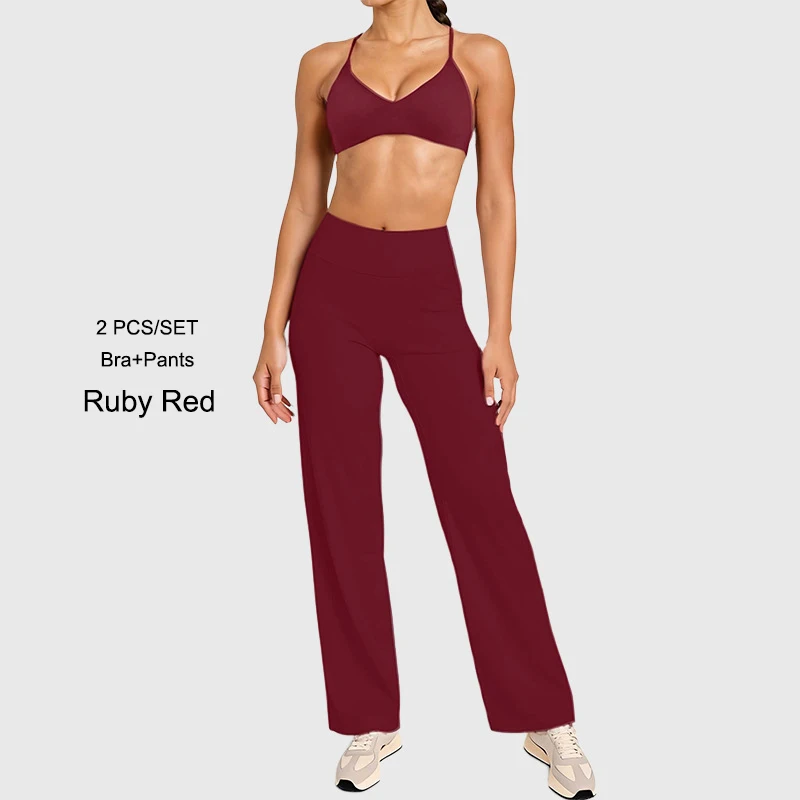 ชุดออกกำลังกายผู้หญิงแบบ 2 ชิ้น เสื้อชั้นในทรงสลิมฟิต กางเกงขายาวทรงกว้าง ชุดฟิตเนส ชุดออกกำลังกาย ชุดกีฬา เอวสูงทรงสลิมฟิต