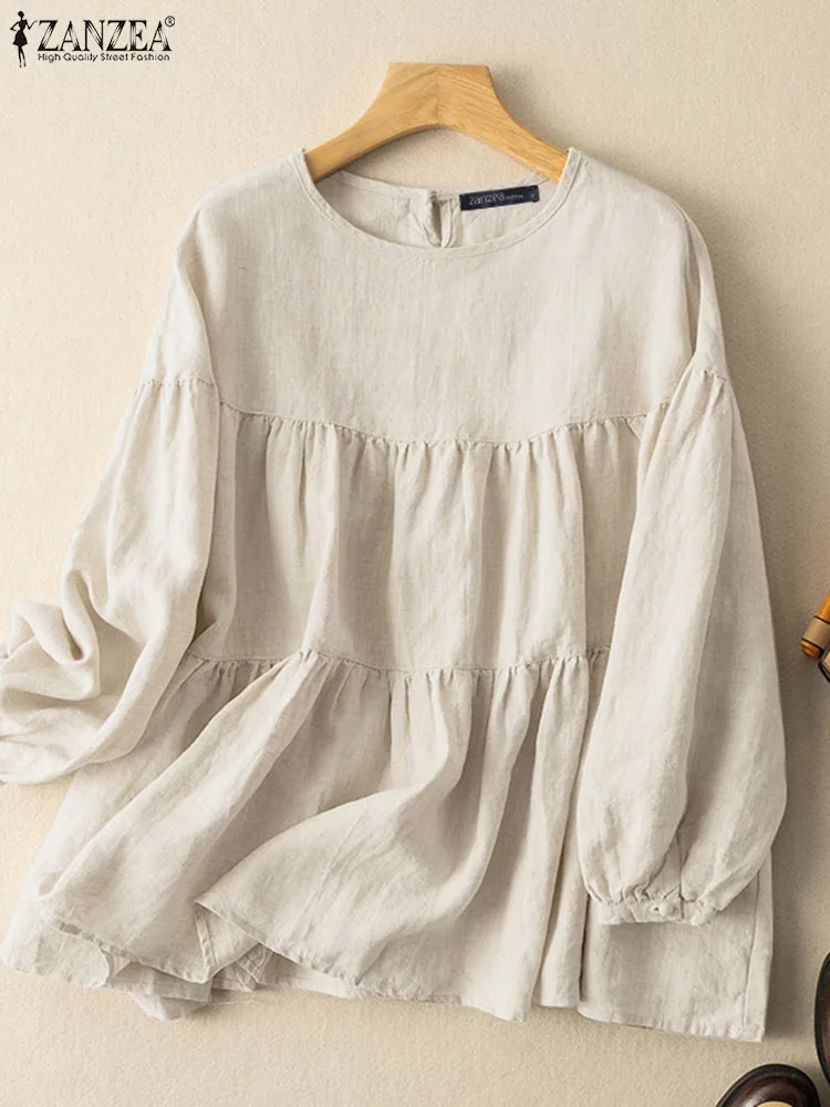 ZANZEA Autumn Women Tops Solid Cotton Blouse Lapel Long Sleeve Shirt Female O Neck Work Blusas Casual Loose Holiday Chemise