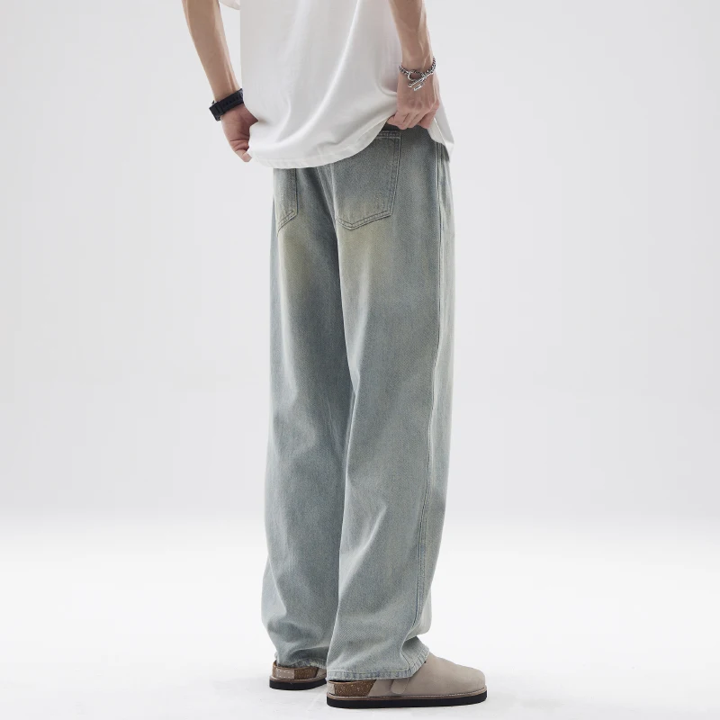 2024Spring and Summer American RetrocleanfitLight-Colored Jeans Men's Straight Loose Worn Looking Washed-out Long Pants Fashion