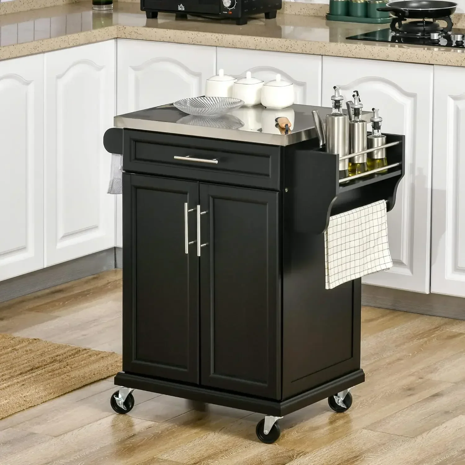 Kitchen Island on Wheels, Rolling Kitchen Cart with Stainless Steel Countertop, Drawer, Towel Rack and Spice Rack