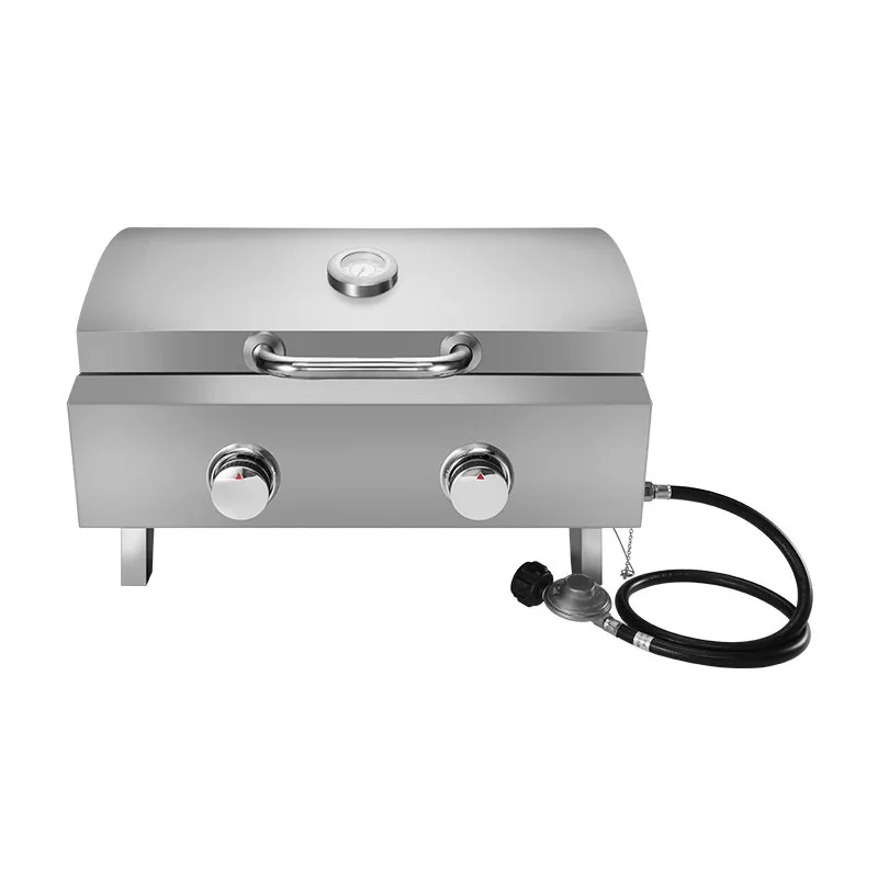 Outdoor Portable bbq gas grill two burners propane Tabletop barbecue grill with folding legs