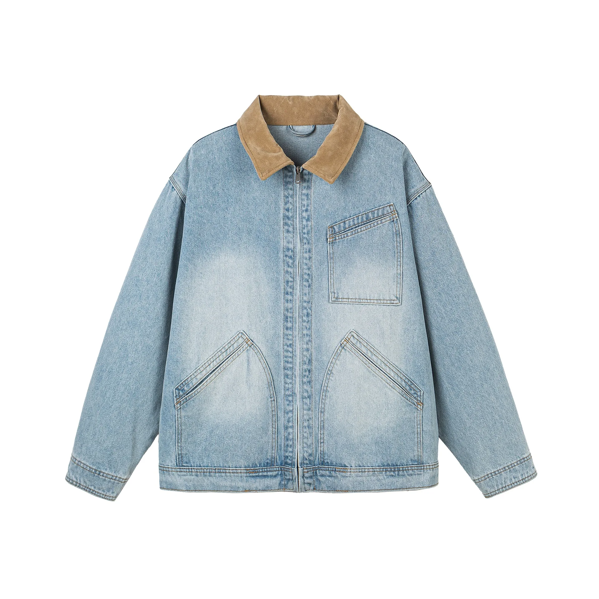 Spring American Retro Denim Jacket Multi-Pocket Color-Blocked Lapel Loose-Fitting Versatile Workwear for Women