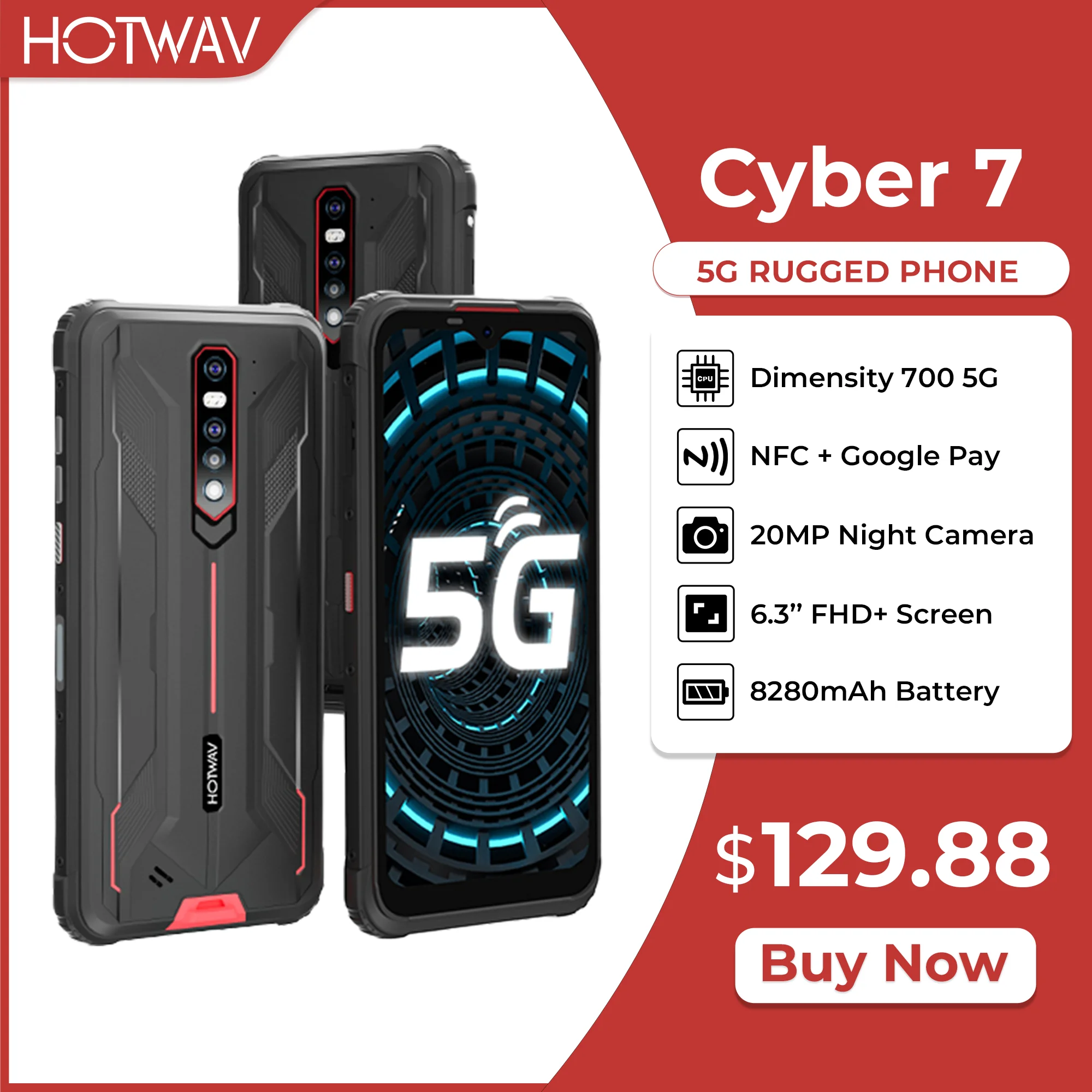 HOTWAV-teléfono inteligente Cyber 7 5G, móvil resistente con pantalla FHD de 6,3 pulgadas, 8GB de RAM, 128GB de ROM, batería de 8280mAh, cámara