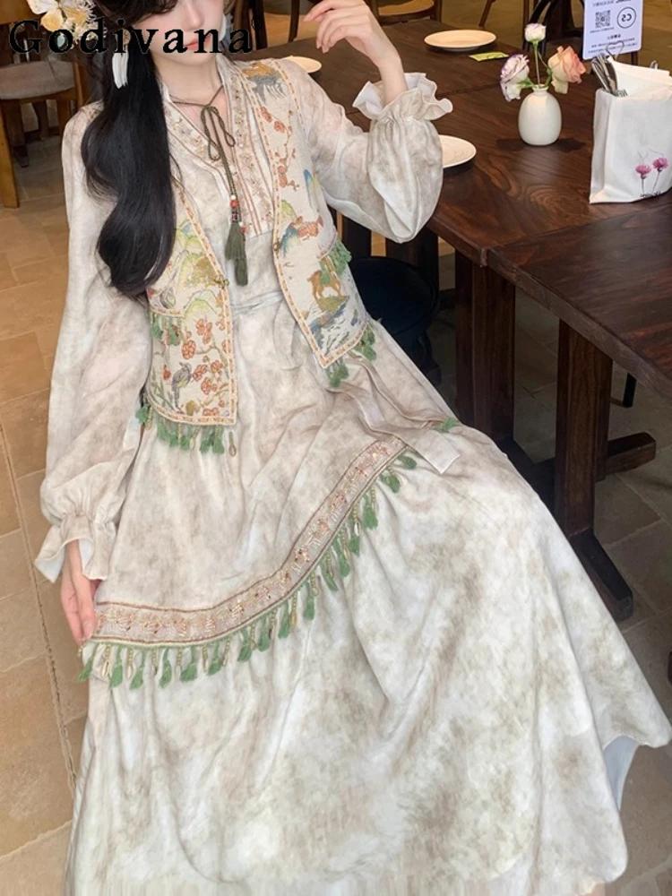 حجم كبير L-4XL فتاة طباعة الخامس الرقبة طويلة الأكمام عالية الخصر شرابة فستان طويل الخريف الصناعة الثقيلة موضة تنوعا سترة جاكار
