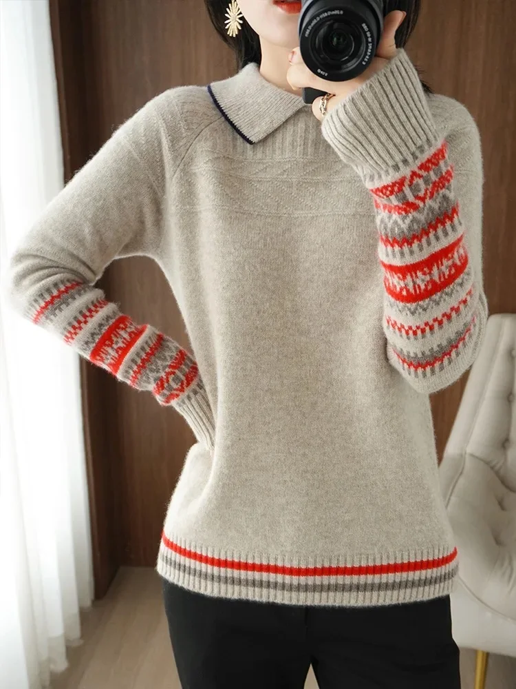 

Retro Women Sweater Autumn Winter Clothes 100% Merino Wool Sweater Pullover Polo Collar Female Commuting Series Thick Casual Top