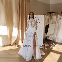 Luxury Applique Wedding Dress High Side Split Long Sleeves Tulle Bride Gown High Neck Illusion Bride Gowns vestidos de novia