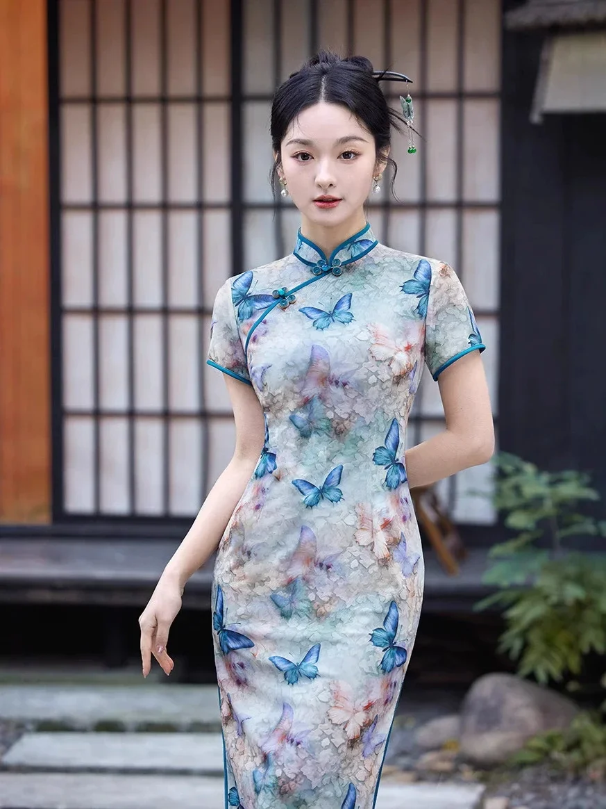 

Весна/Лето 2022, новое женское улучшенное платье Ципао средней длины в стиле ретро с бабочкой в китайском стиле