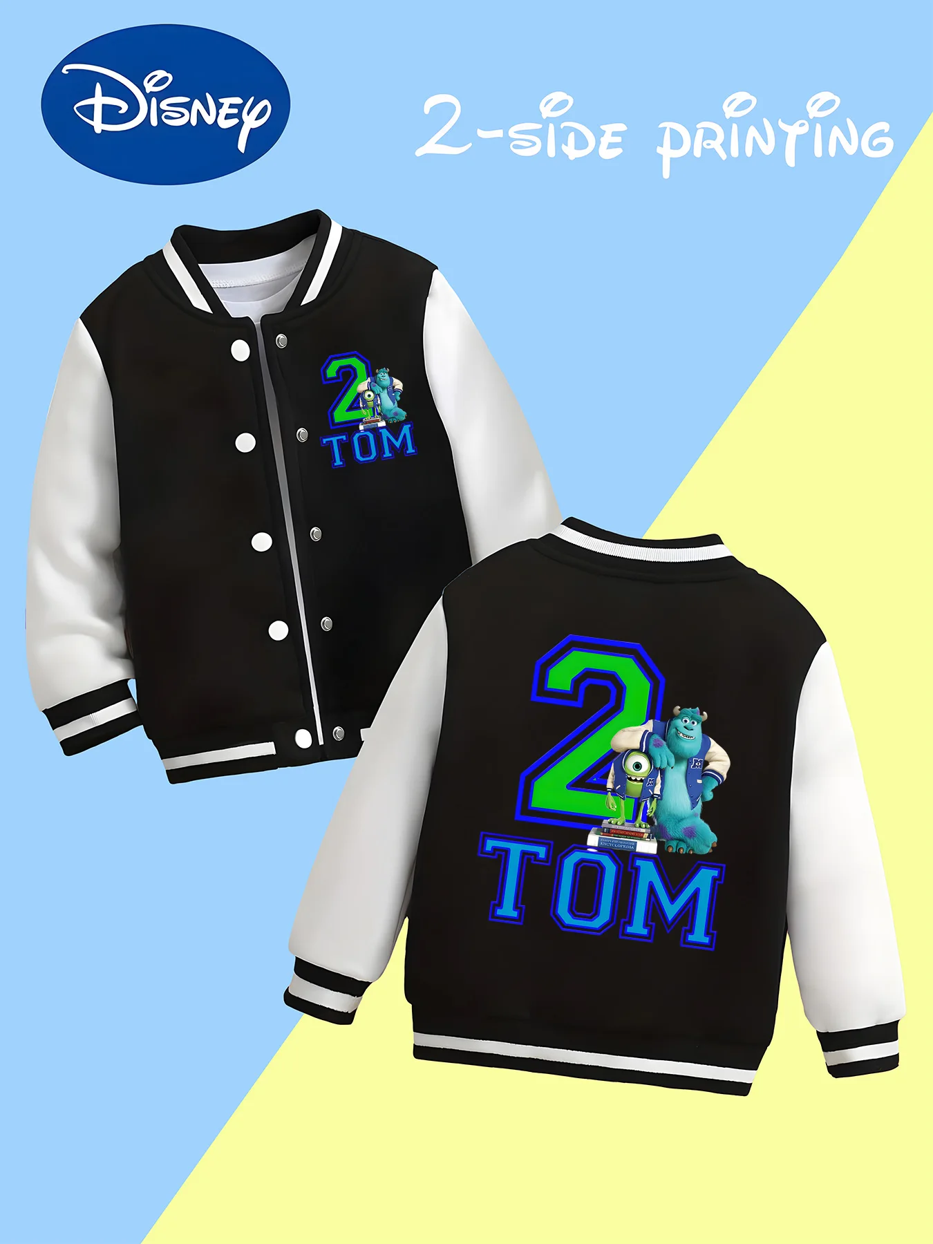 

MINISO Disney Custom Monsters University Boys' Baseball Jacket - Exclusive "2 TOM" Custom Design, Versatile and Comfortable