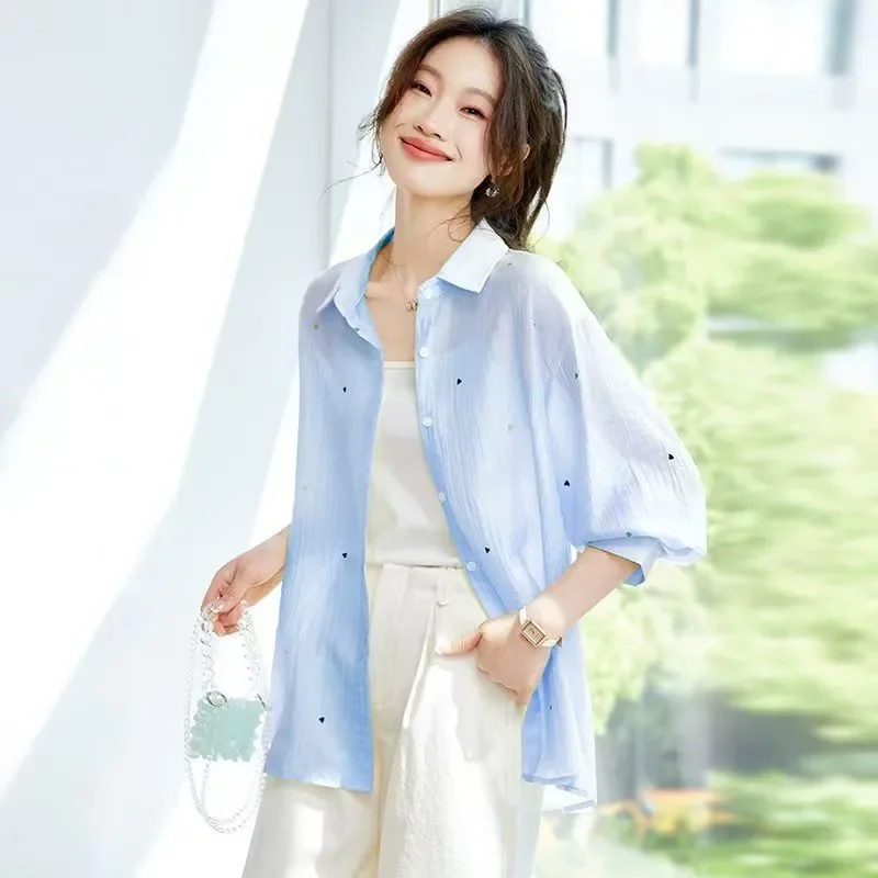 

Women's Heart Print Sheer Shirt Loose Long Sleeve Blouse