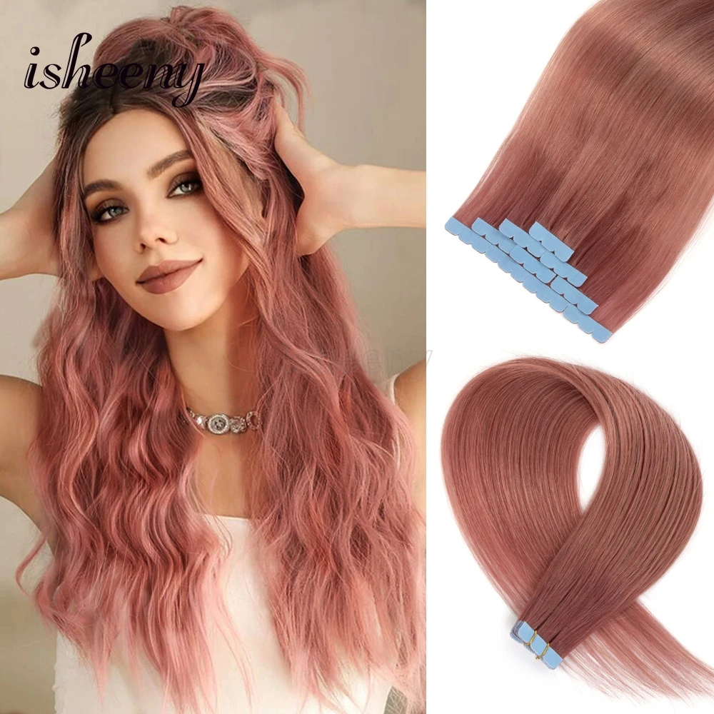 Isheeny ruban rose Pastel dans les Extensions de cheveux humains 10 pièces/pck Mini bande cheveux sur colle 12 16 20 pouces pièces de cheveux de couleur fantaisie