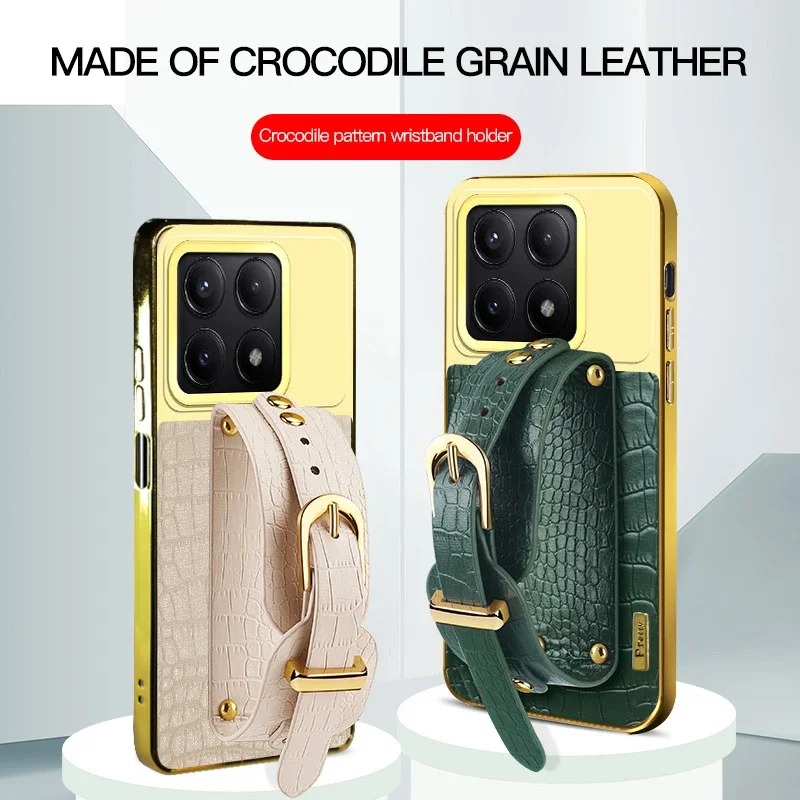 

Shockproof Crocodile Leather Phone Case Wrist Strap For Poco X7 X5 X4 X6 Pro 5G X3 GT Wristband Holder Stand Soft Cover Cases