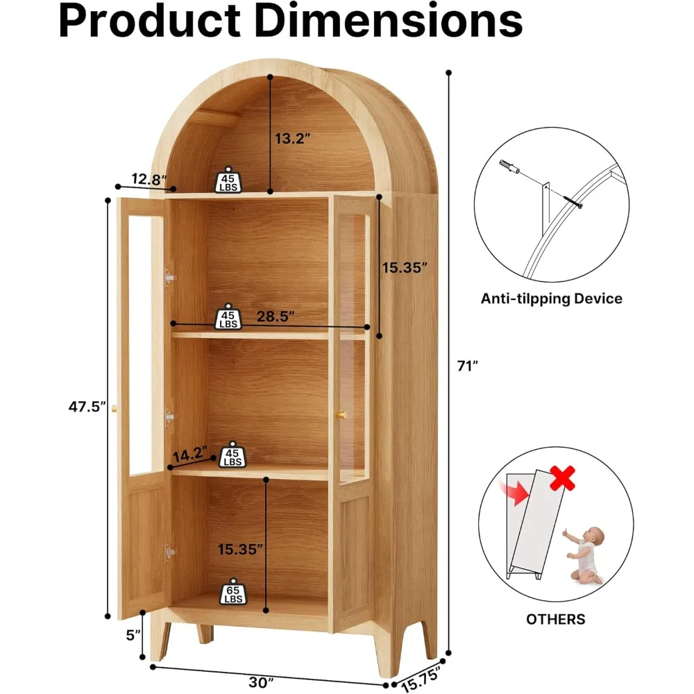 خزانة مخزن المطبخ، أبواب زجاجية، أرفف تخزين خشبية مقوسة، رف كتب طويل القامة لتنظيم المطبخ #2