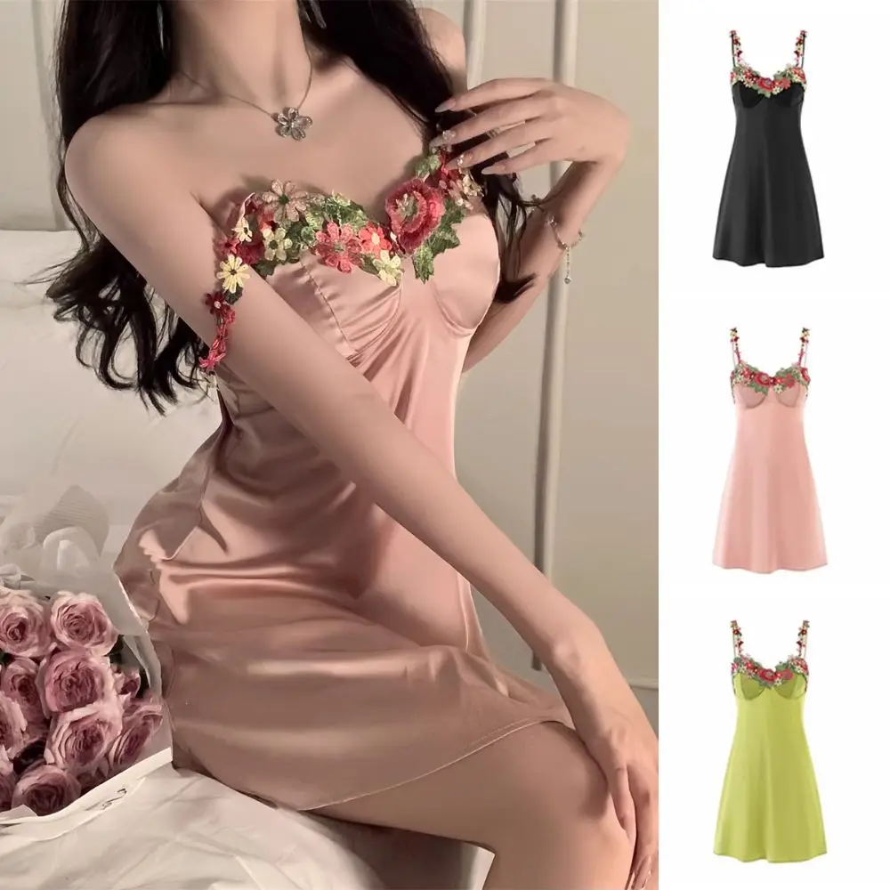

Flower Embroidery Women's Pajama Dress Beauty Back Thin Satin Silk Suspender Nightdress Sleeveless Sleepwear