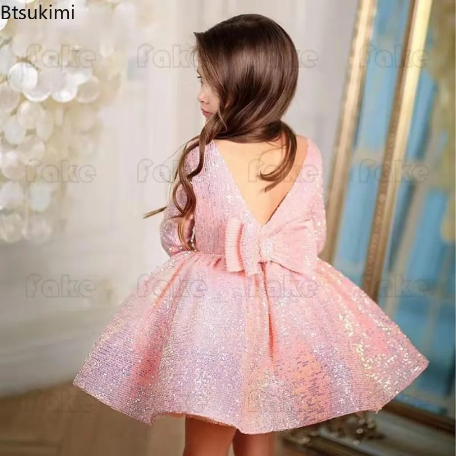 Girl's Gold Elegant Dresses Baby Lush Princess Girl Party Dress Luxury Puffy Birthday Sequin Dress for Children Girl 3-8 Year