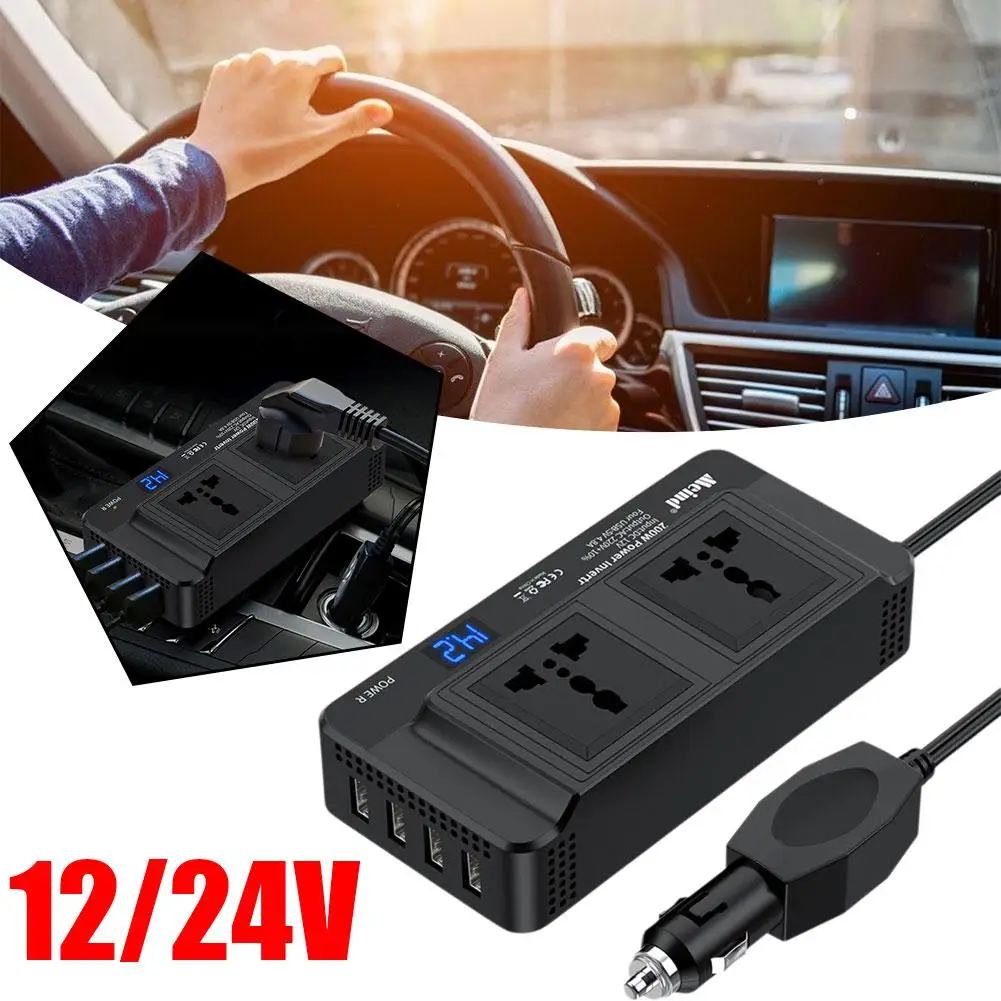 

200W Portable Car Inverter 12V To 220V 110V Power Converter Adapter LCD Dual USB+ Smart Four-port Socket Multi-function I7V4