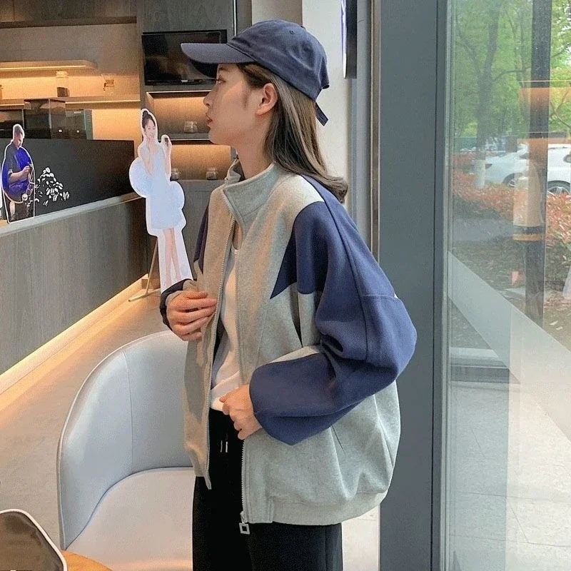 

2025 Spring Autumn Women's Oversized Baseball Jacket Harajuku Style Color Block Student Jacket Trendy Streetwear Hoodie