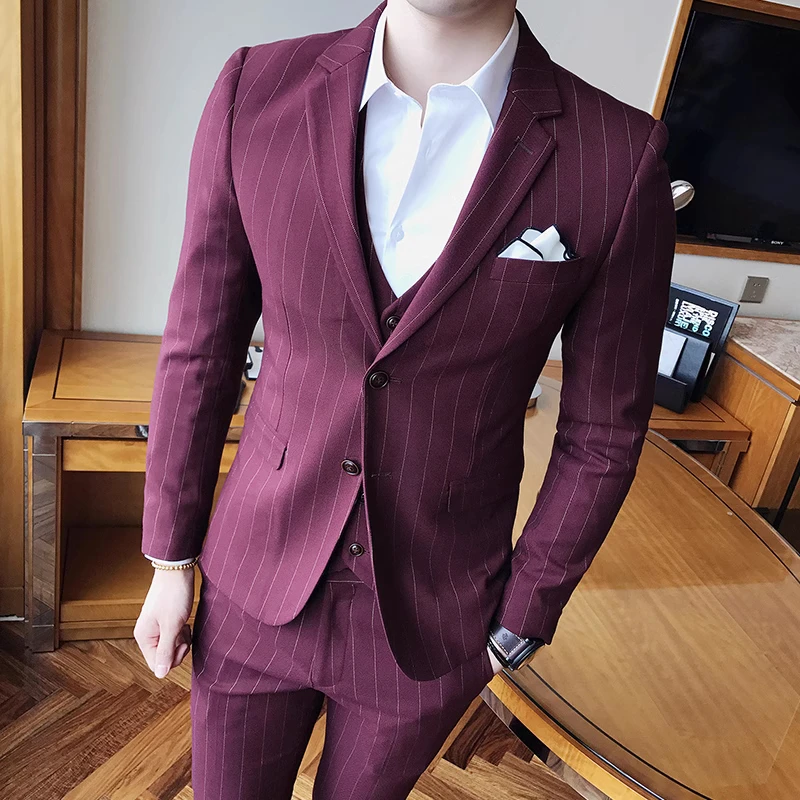 (Blazer+Vest+Pants) 2024 New Stripe Business Suits for Men  Wedding Party Multi-Occasion Slim Fit Dress Formal Wear