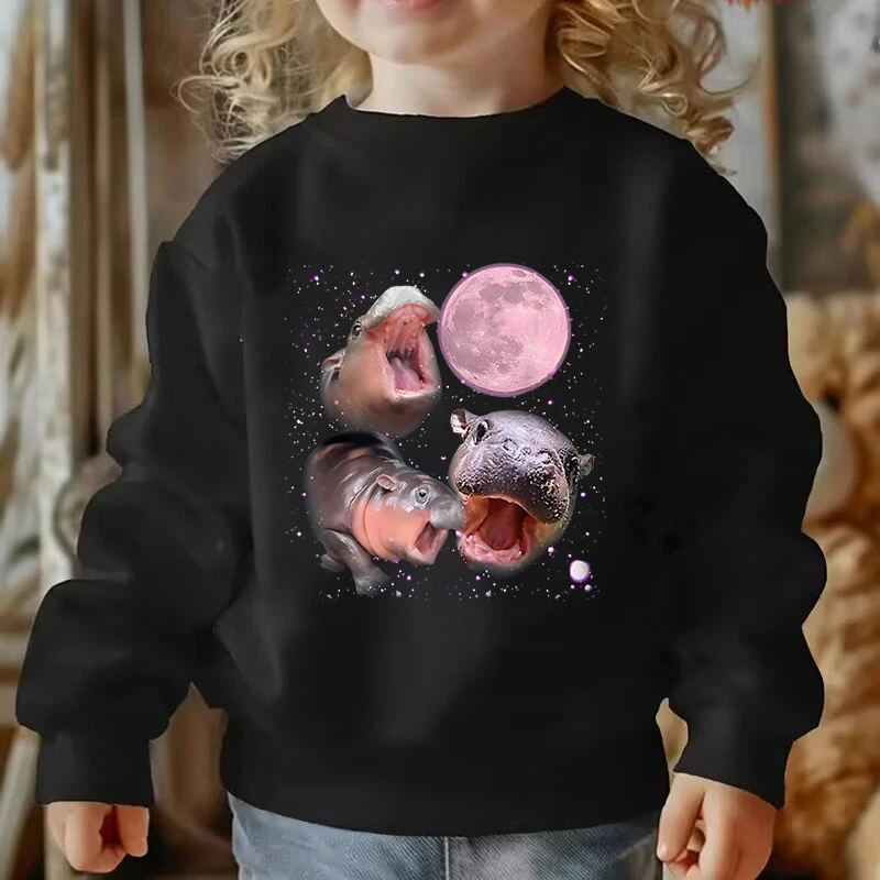 Three Hippo Moo Deng Roared At The Moon Funny Hoodless Sweatshirts Kids Long Sleeve Autumn Winter Boys Girls Fashion Pullover