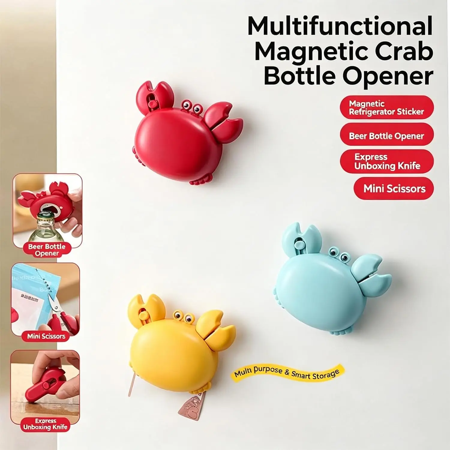 Crab multi-functional bottle opener, 4-in-1 magnetic refrigerator magnet, decorative refrigerator magnet