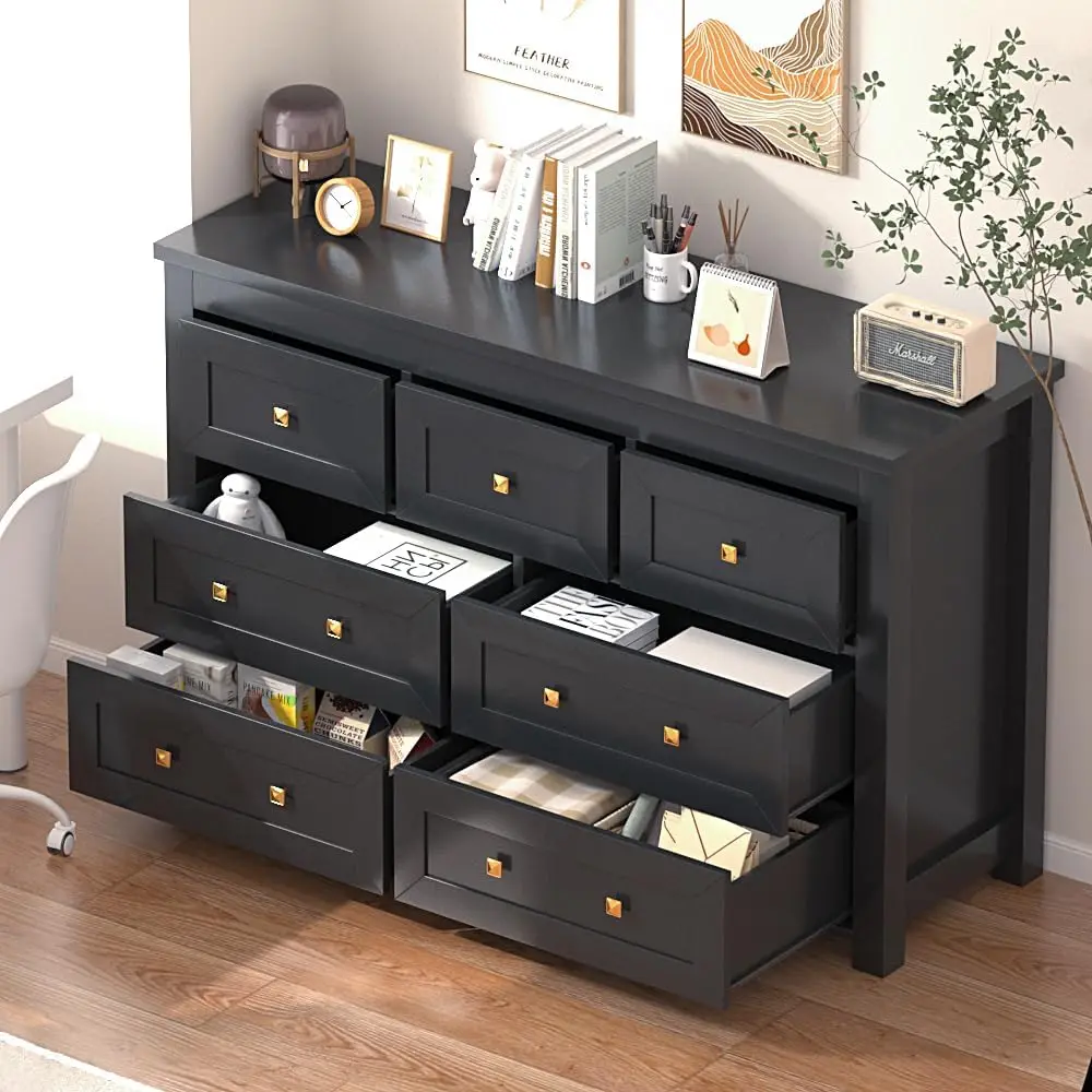 Cómoda con 7 cajones para dormitorio, mueble de almacenamiento de madera de granja, con asas de Metal, color negro