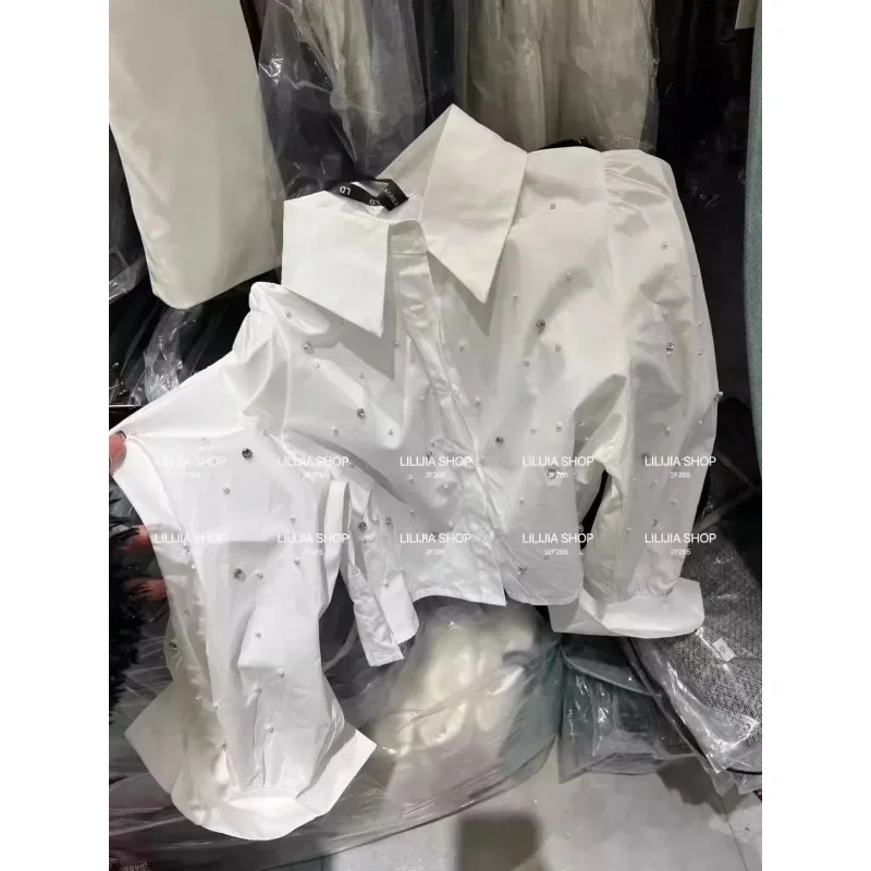 قمة الموضة الجديدة فقاعة الأكمام طويلة الأكمام قميص فضفاض قصير قميص بولو الرقبة سترة الإضافية المرأة أوائل الربيع